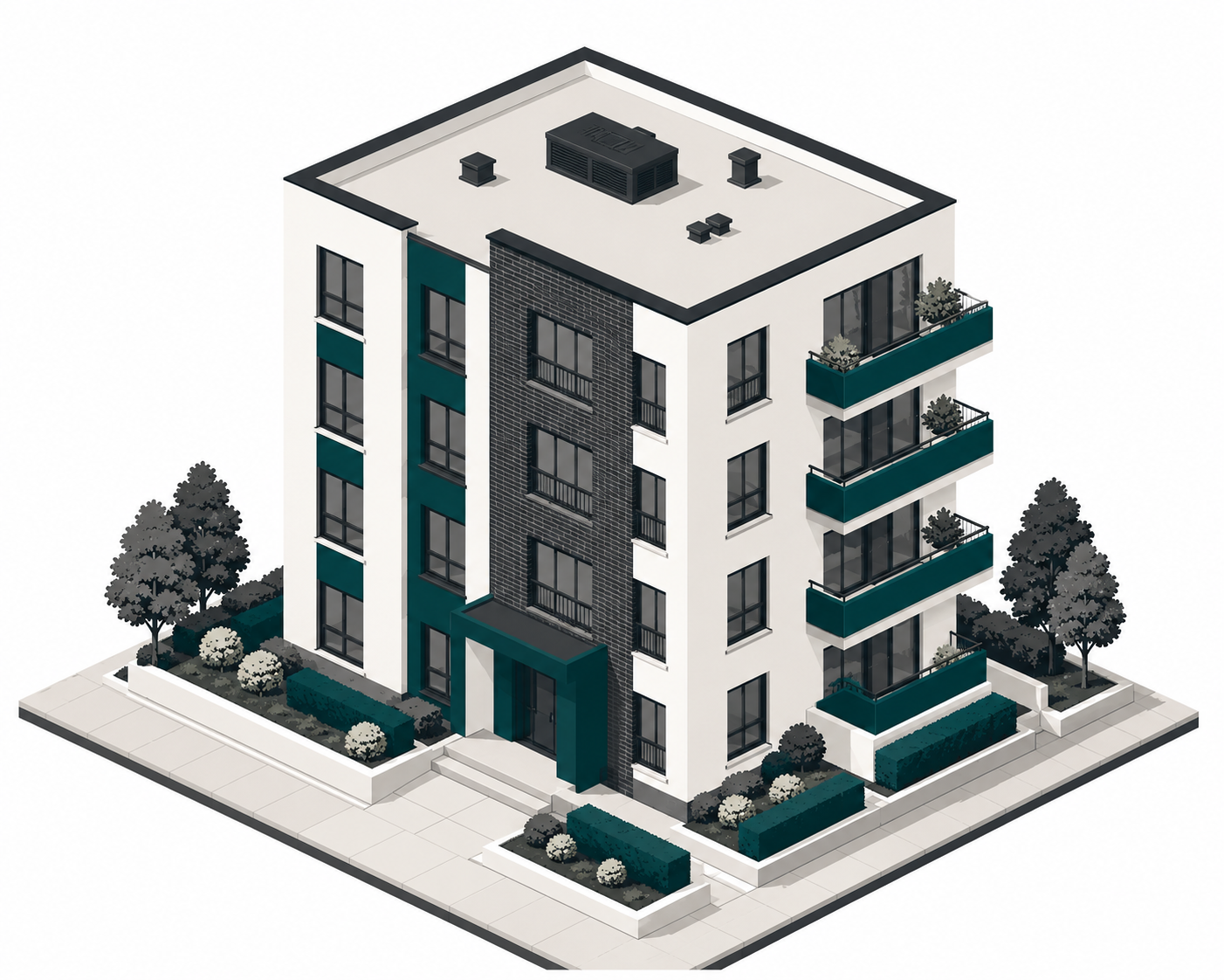 Isometrische Illustration eines Mehrfamilienhauses – VerwalterSchutz