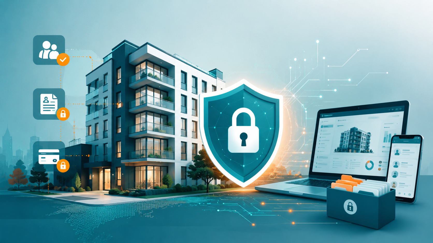 Mehrfamilienhaus mit digitalem Sicherheitsschild – Symbol für Cyberversicherung in der Hausverwaltung