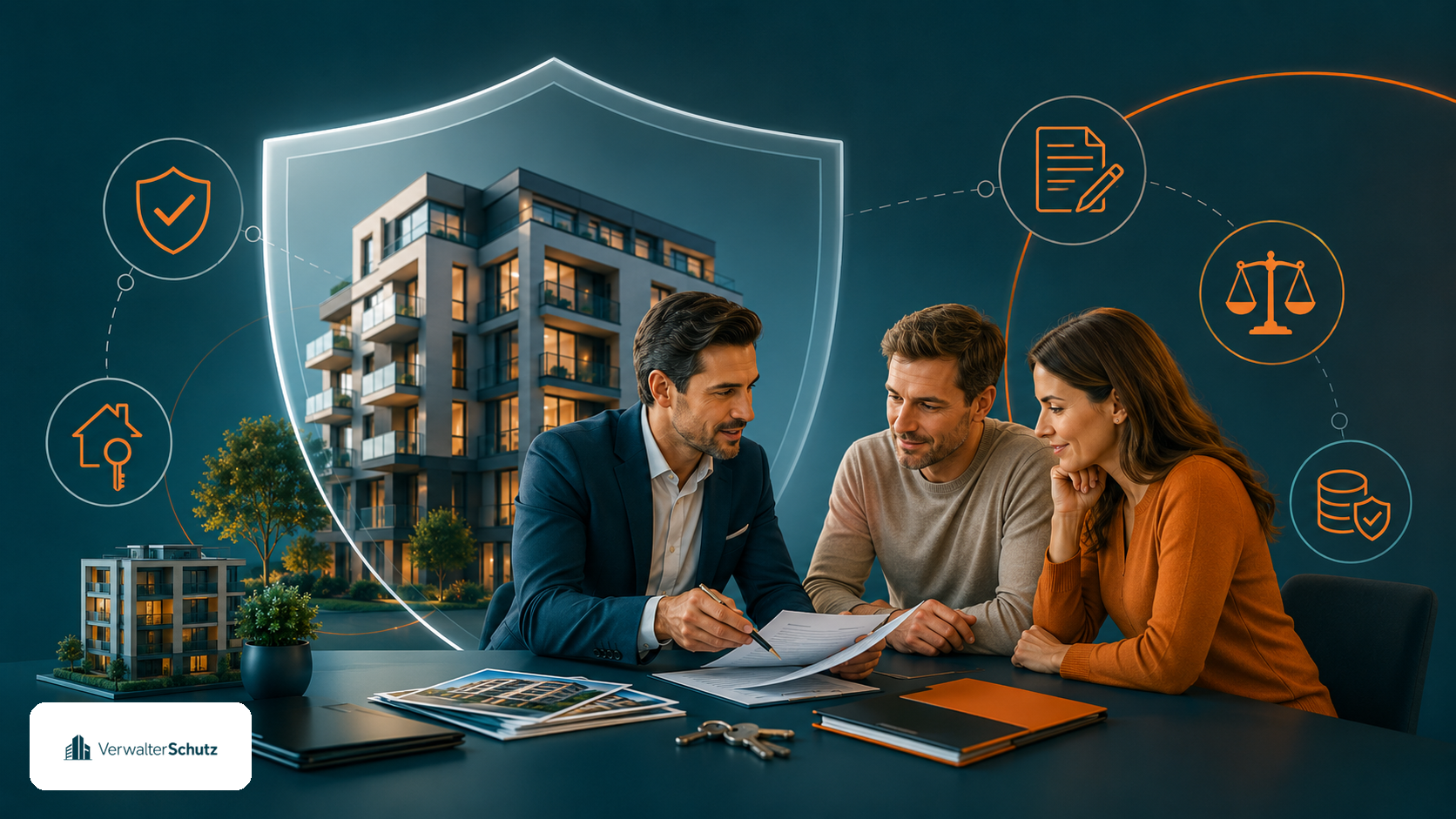 Symbolbild Berufshaftpflicht für Immobilienmakler mit VerwalterSchutz-Logo im Petrol-Orange-Markenstil