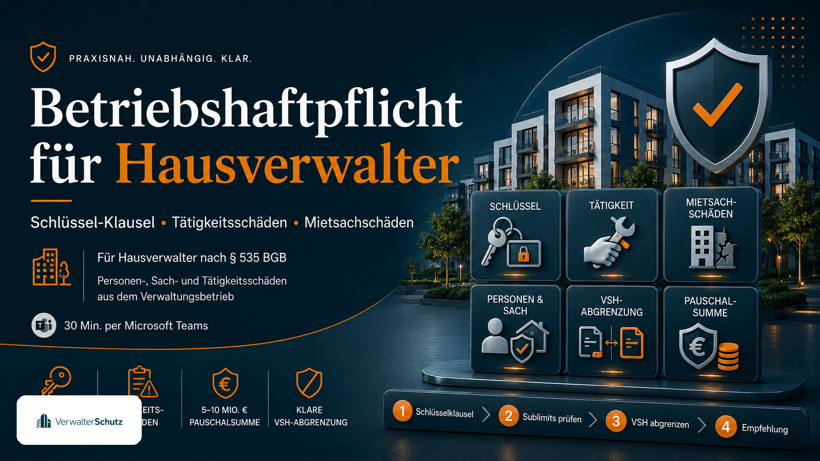 Symbolbild Betriebshaftpflicht für Hausverwalter mit VerwalterSchutz-Logo im Petrol-Orange-Markenstil