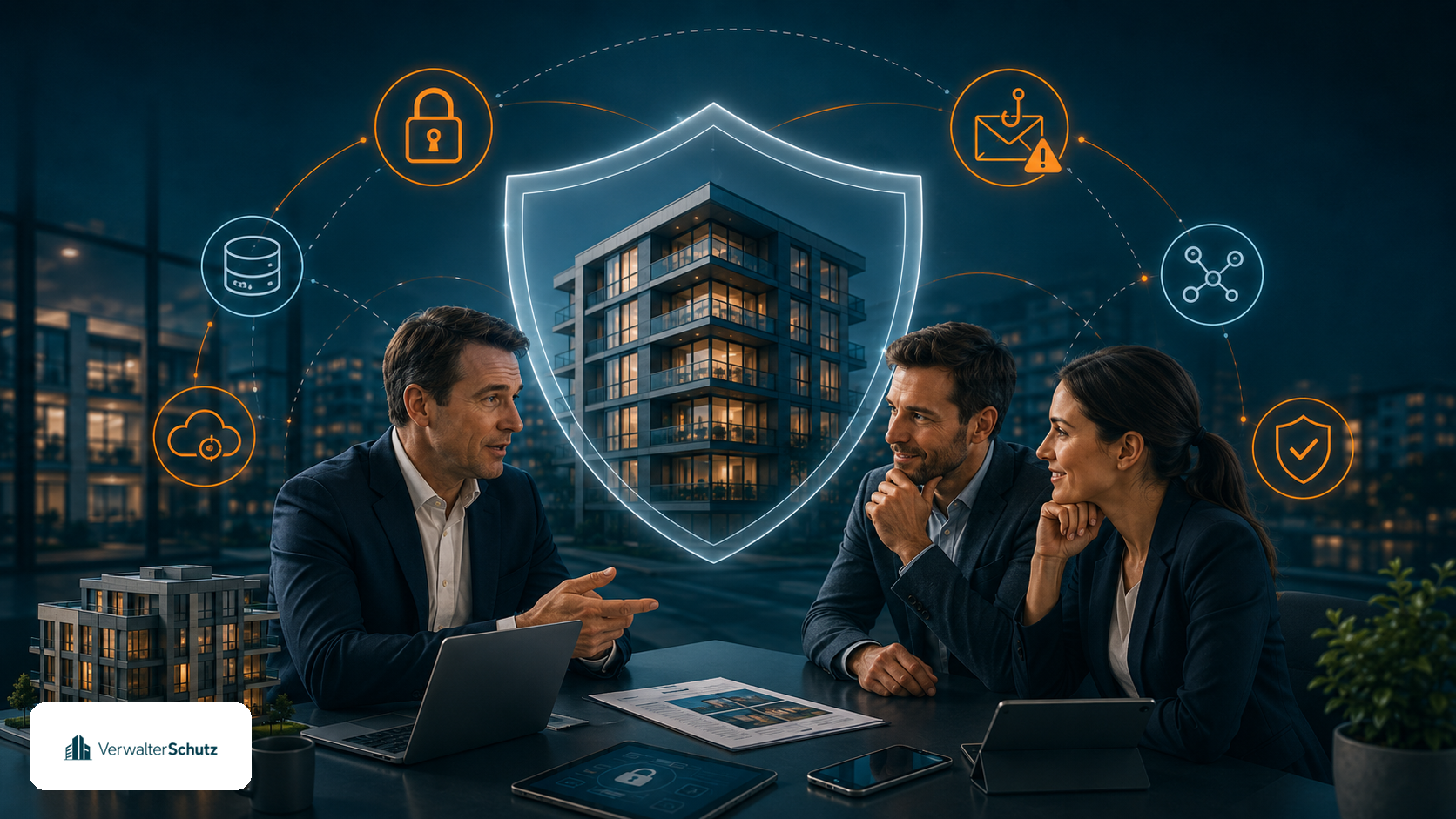 Symbolbild Cyberversicherung für Immobilienmakler mit VerwalterSchutz-Logo im Petrol-Orange-Markenstil