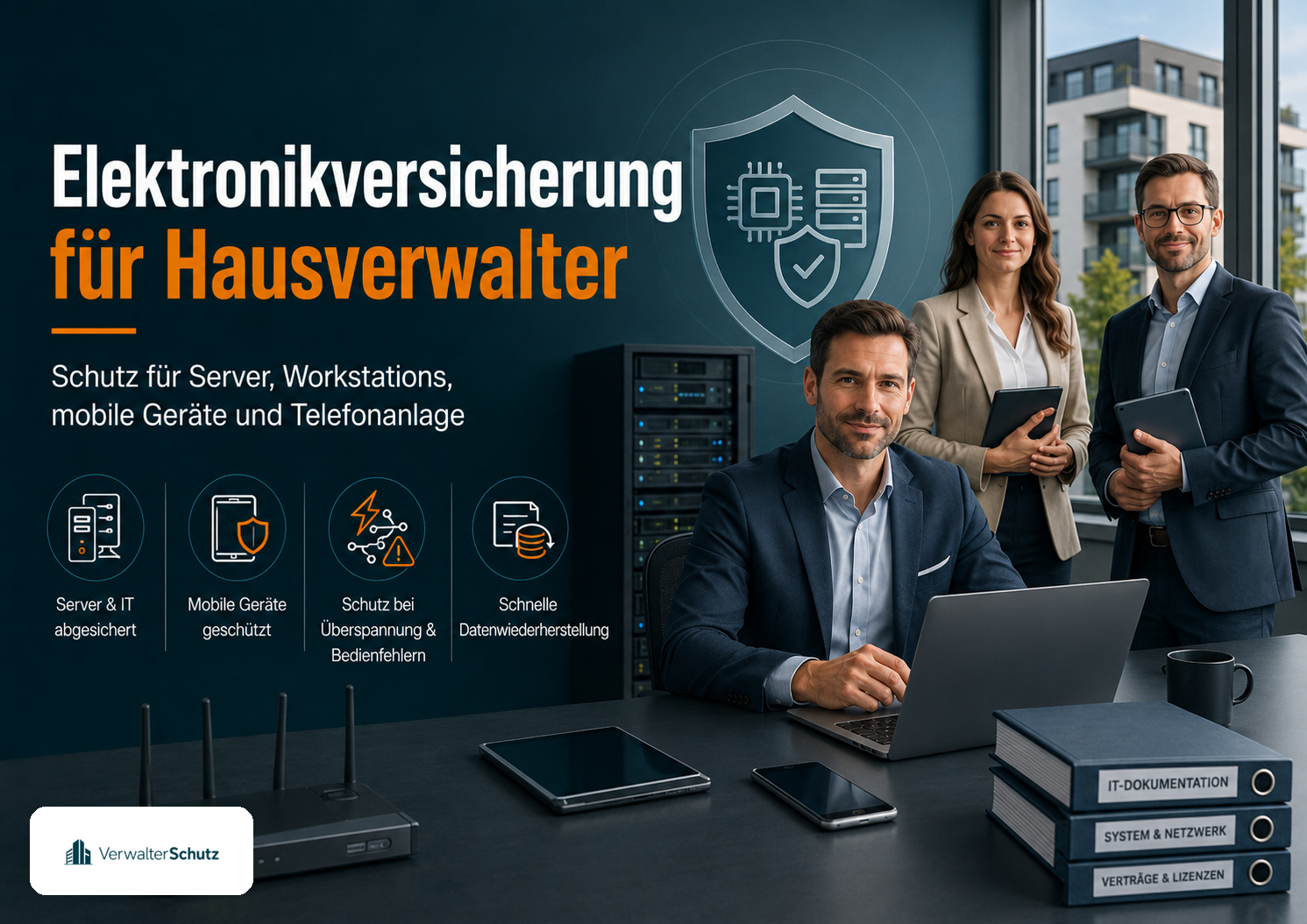 Symbolbild Elektronikversicherung für Hausverwalter mit VerwalterSchutz-Logo im Petrol-Orange-Markenstil