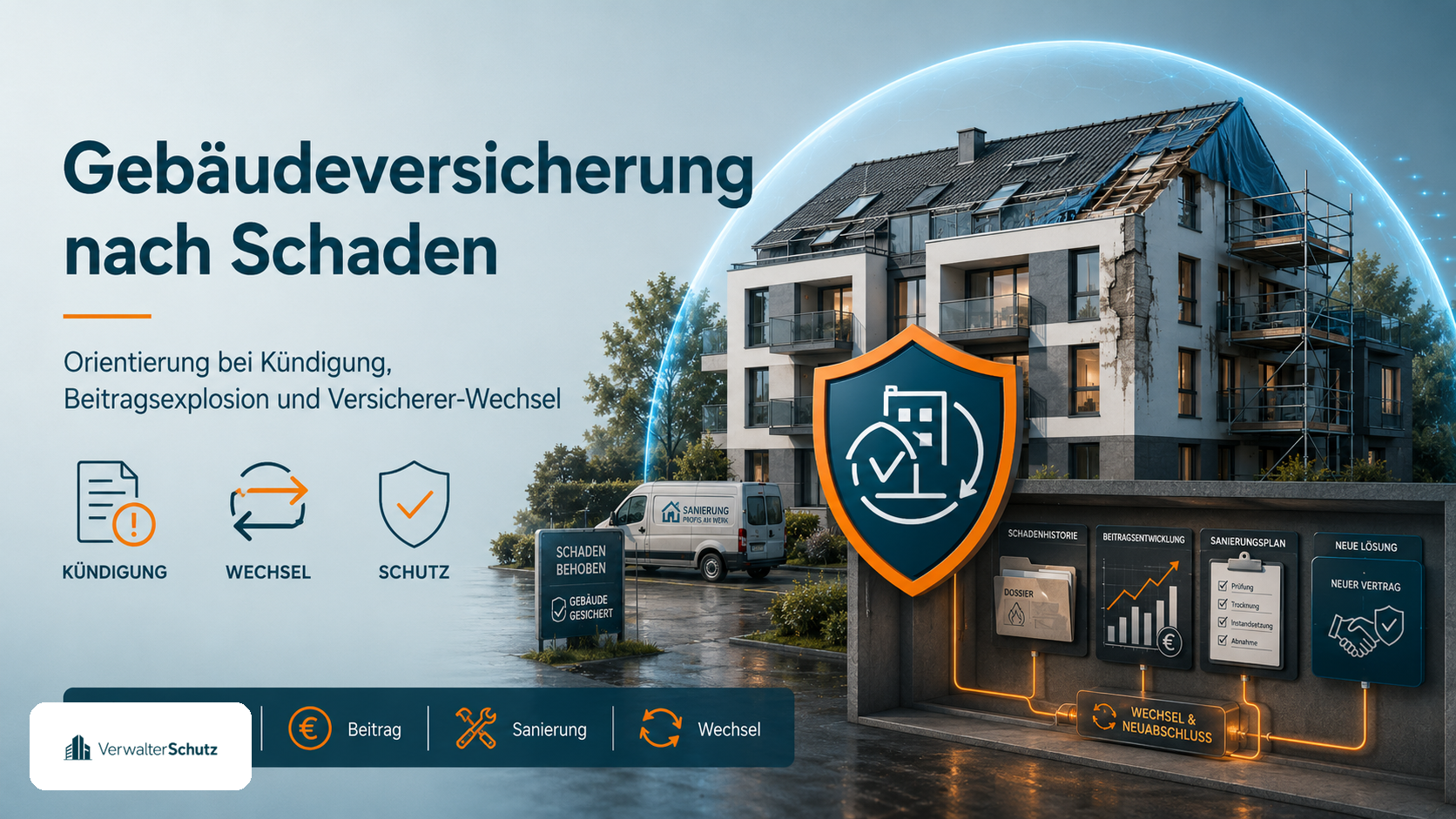 Symbolbild Gebäudeversicherung nach Schaden mit VerwalterSchutz-Logo im Petrol-Orange-Markenstil