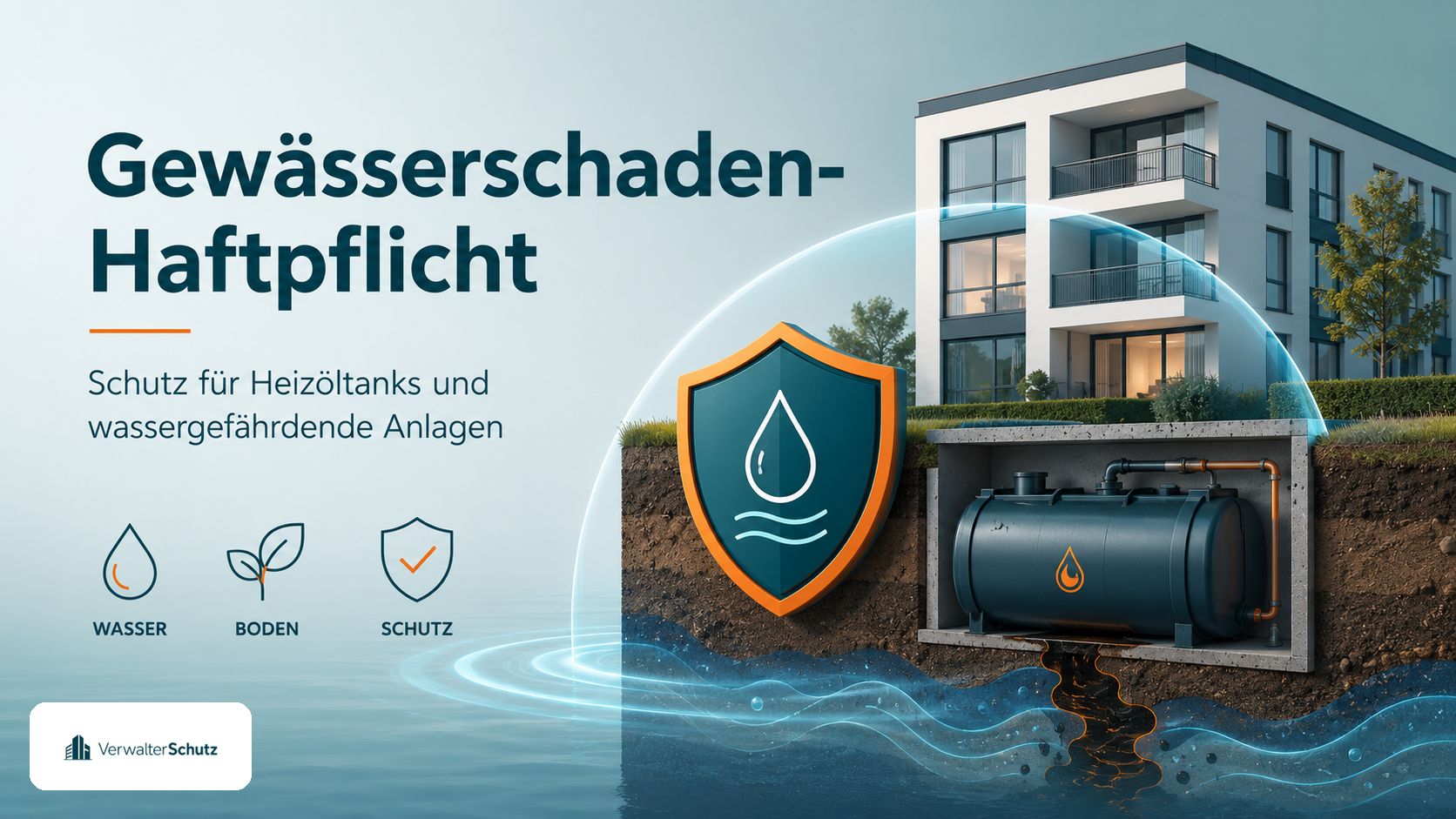 Symbolbild Gewässerschaden-Haftpflicht mit VerwalterSchutz-Logo im Petrol-Orange-Markenstil