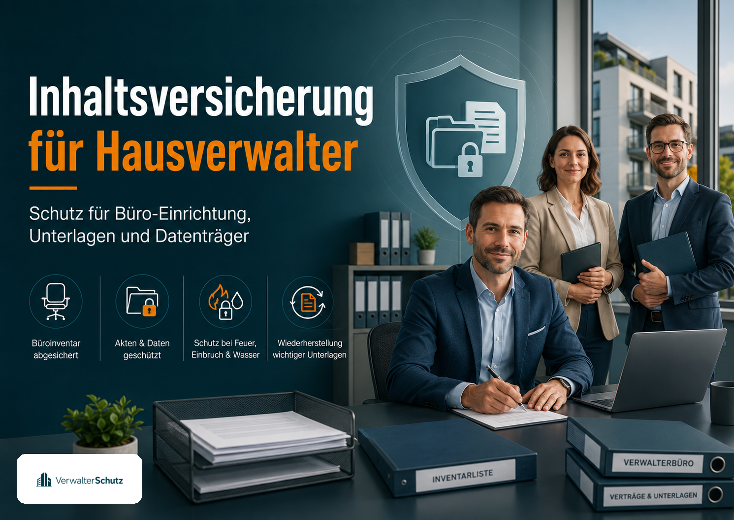 Symbolbild Inhaltsversicherung für Hausverwalter mit VerwalterSchutz-Logo im Petrol-Orange-Markenstil