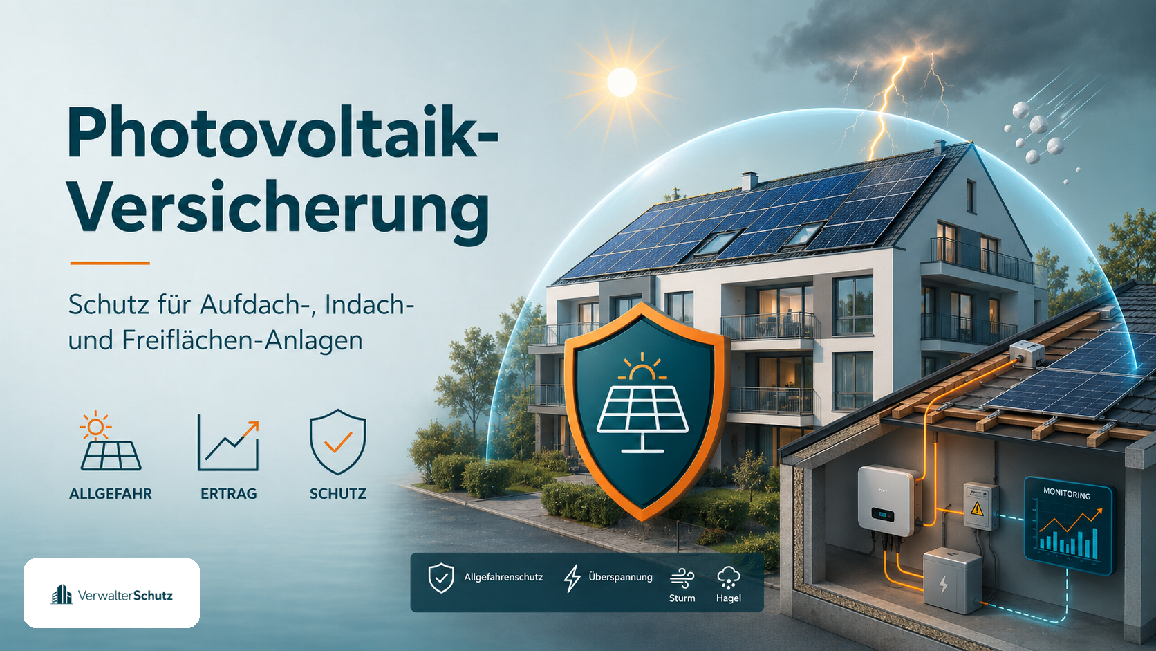 Symbolbild Photovoltaik-Versicherung mit VerwalterSchutz-Logo im Petrol-Orange-Markenstil