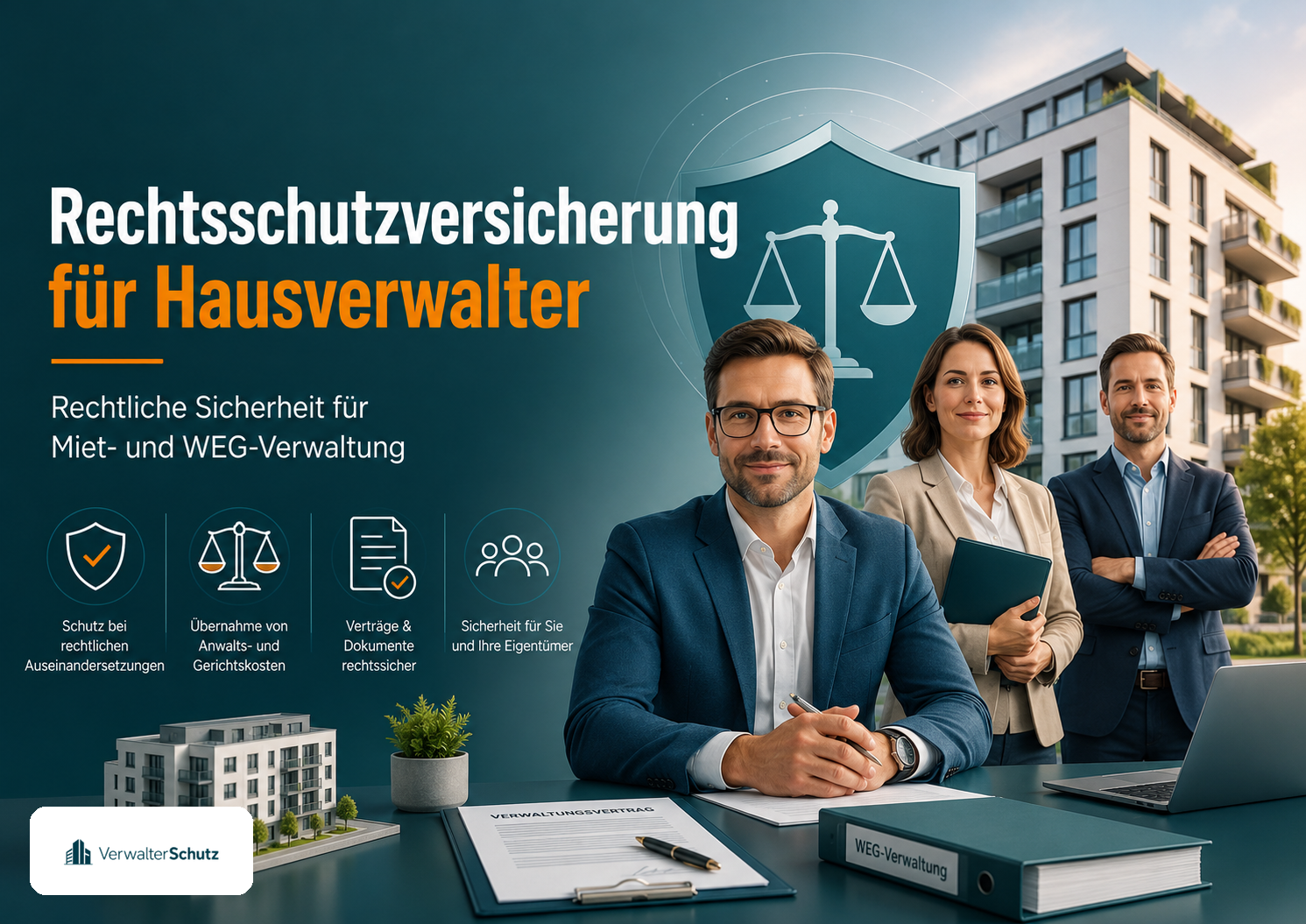 Symbolbild Rechtsschutzversicherung für Hausverwalter mit VerwalterSchutz-Logo im Petrol-Orange-Markenstil