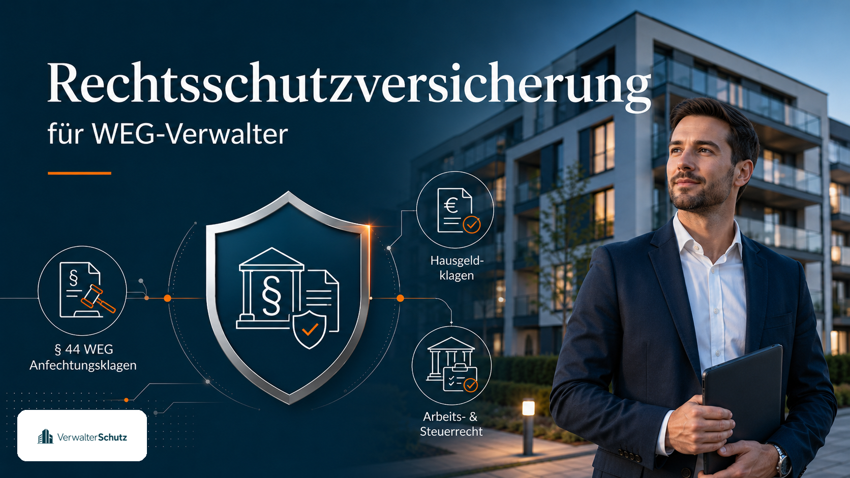 Symbolbild Rechtsschutzversicherung für WEG-Verwalter mit VerwalterSchutz-Logo im Petrol-Orange-Markenstil