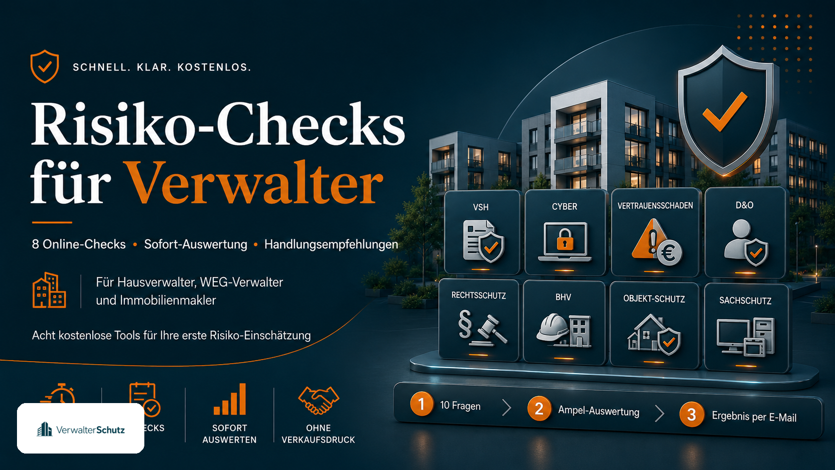 Symbolbild Risiko-Checks für Verwalter mit VerwalterSchutz-Logo im Petrol-Orange-Markenstil