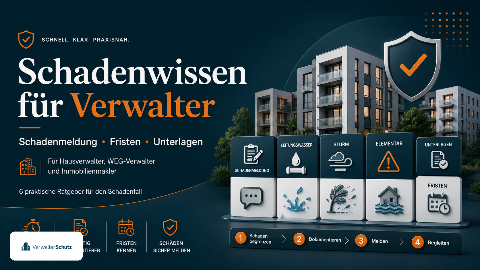 Symbolbild Schadenwissen für Verwalter mit VerwalterSchutz-Logo im Petrol-Orange-Markenstil