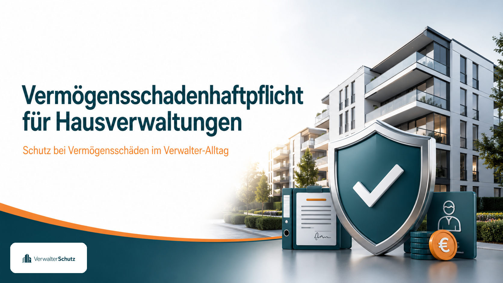 Schutzschild mit Haken vor modernem Mehrfamilienhaus mit VerwalterSchutz-Logo – Sinnbild für die Vermögensschadenhaftpflicht von Hausverwaltungen