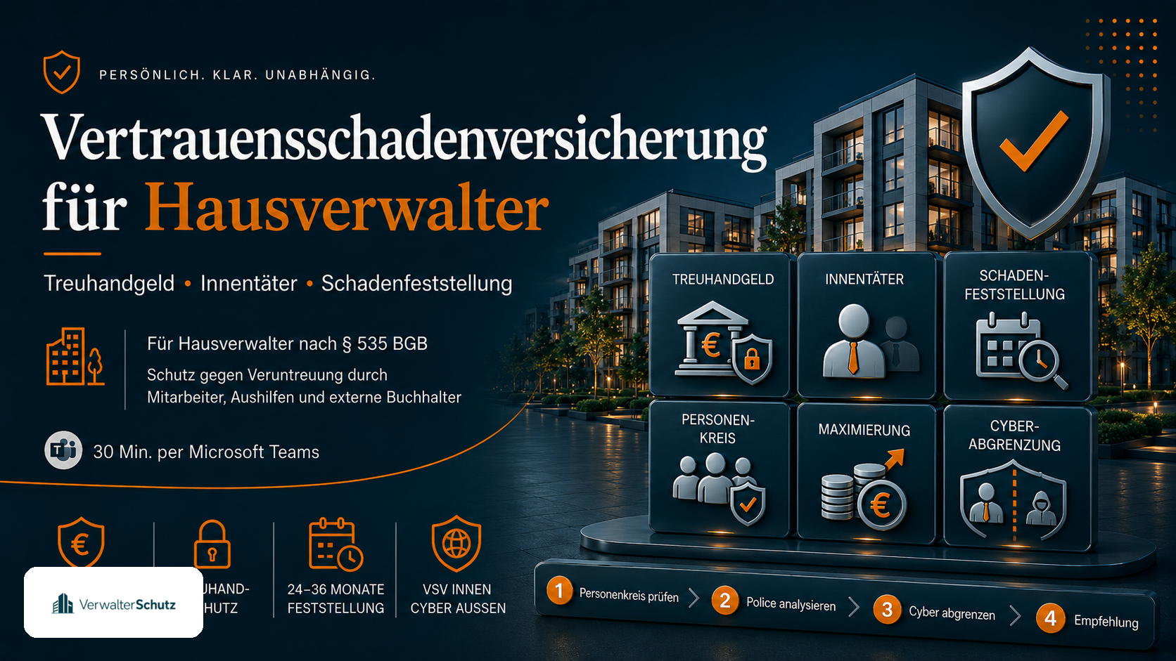 Symbolbild Vertrauensschadenversicherung für Hausverwalter mit VerwalterSchutz-Logo im Petrol-Orange-Markenstil