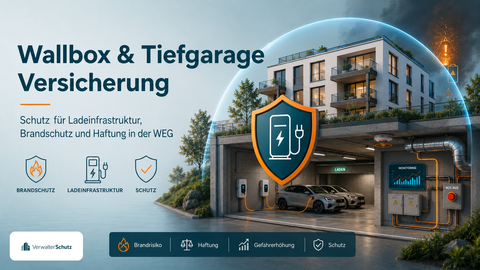 Symbolbild Wallbox und Tiefgarage mit VerwalterSchutz-Logo im Petrol-Orange-Markenstil