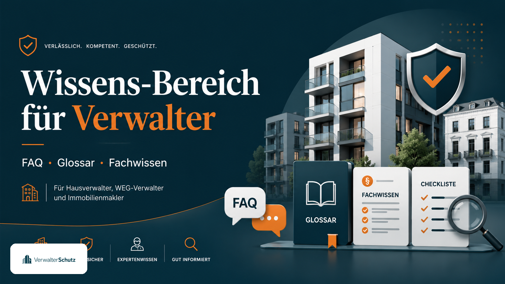 Symbolbild Wissens-Bereich für Verwalter mit VerwalterSchutz-Logo im Petrol-Orange-Markenstil